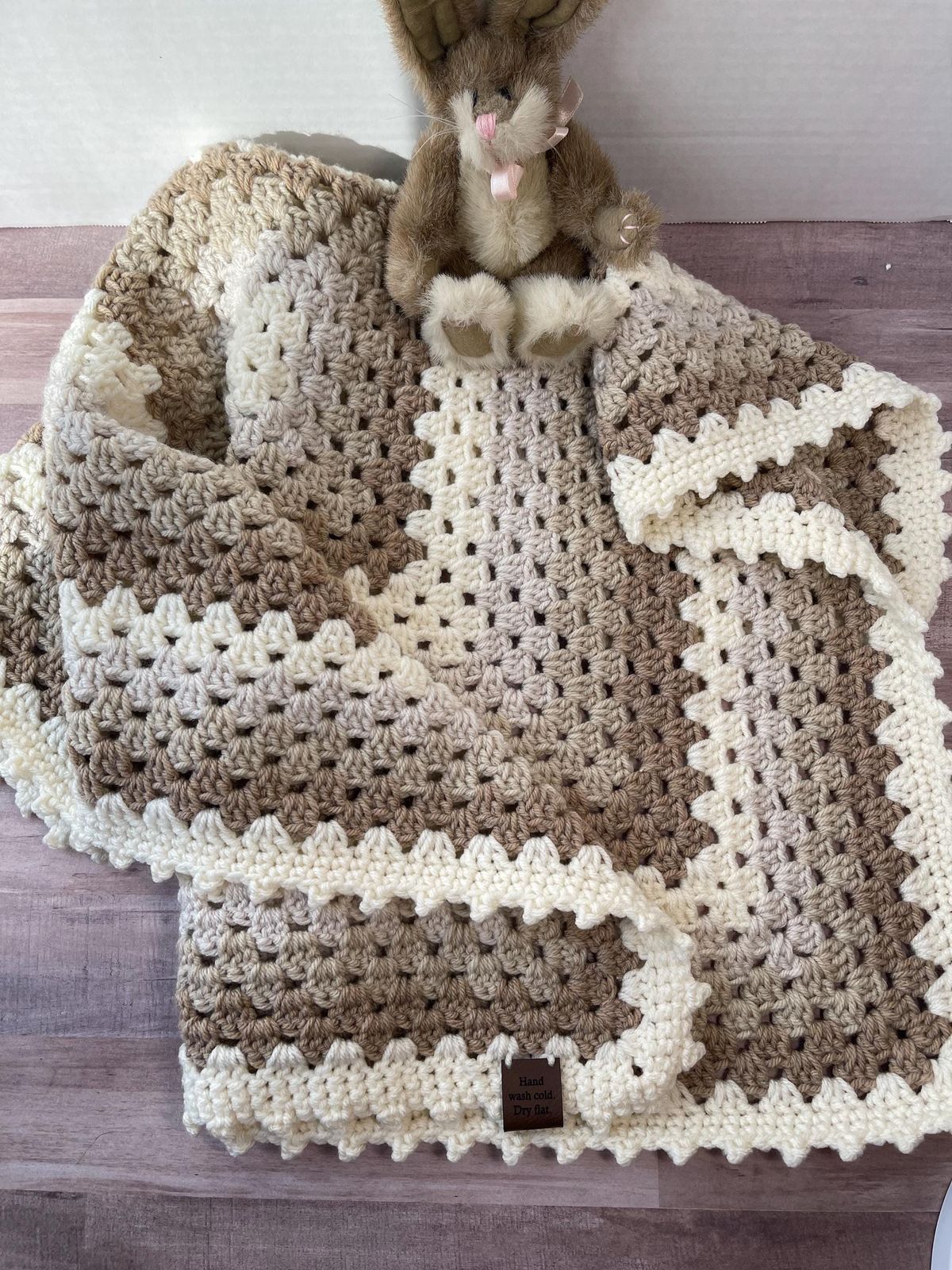 Neutral cream and taupe crochet baby blanket made from the tutorial