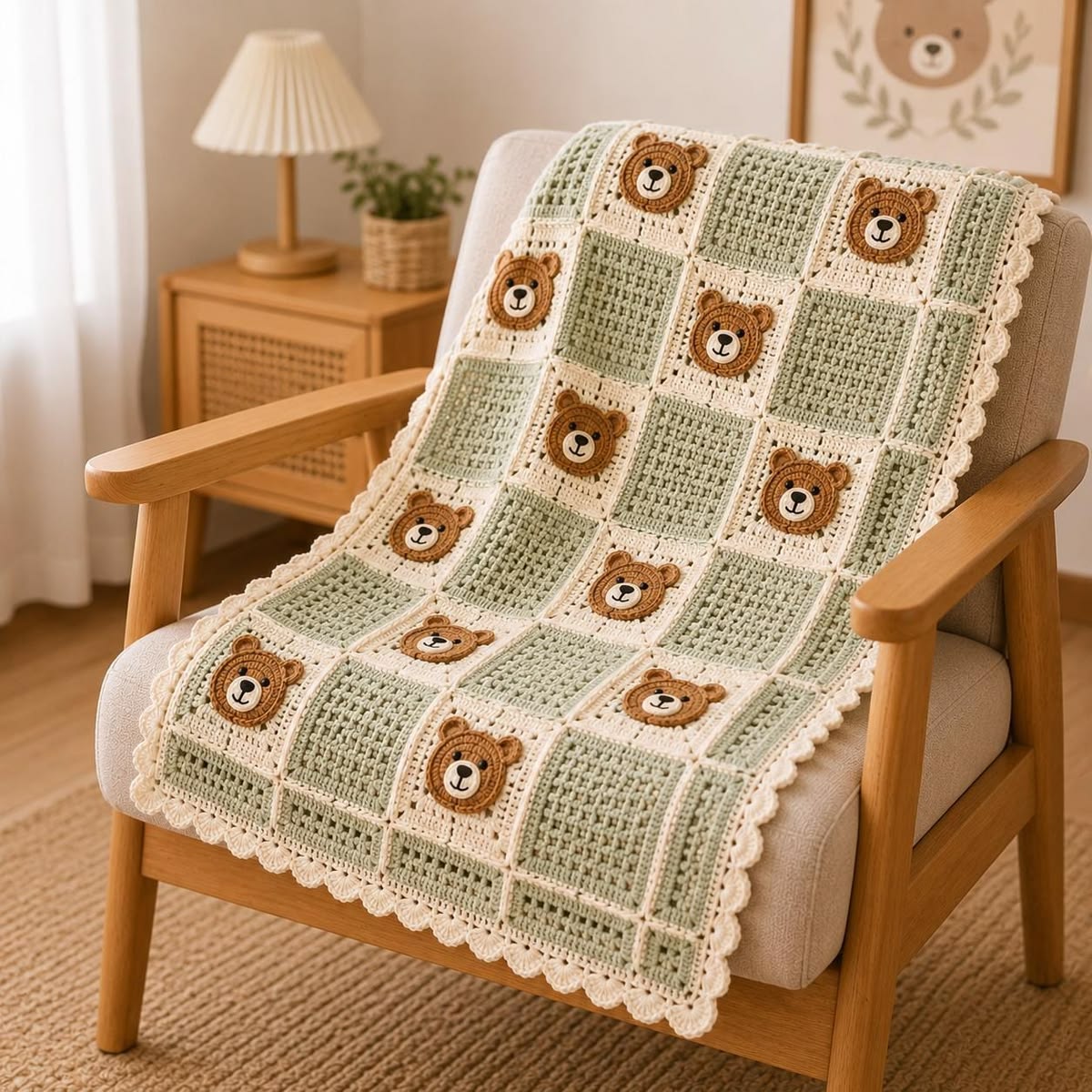 Handmade sage green and cream crochet baby blanket on a nursery chair