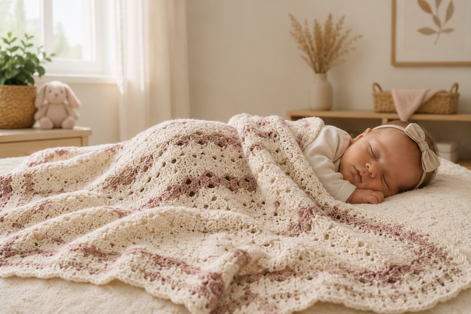 Sleeping baby resting on a handmade crochet baby blanket
