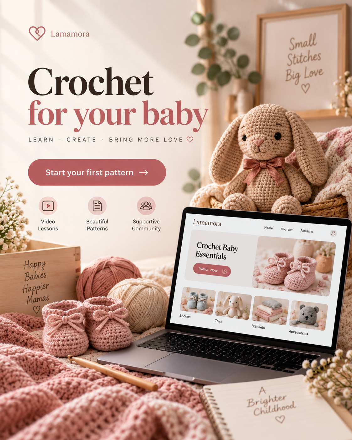 Finished crocheted baby blanket and baby booties in a warm nursery