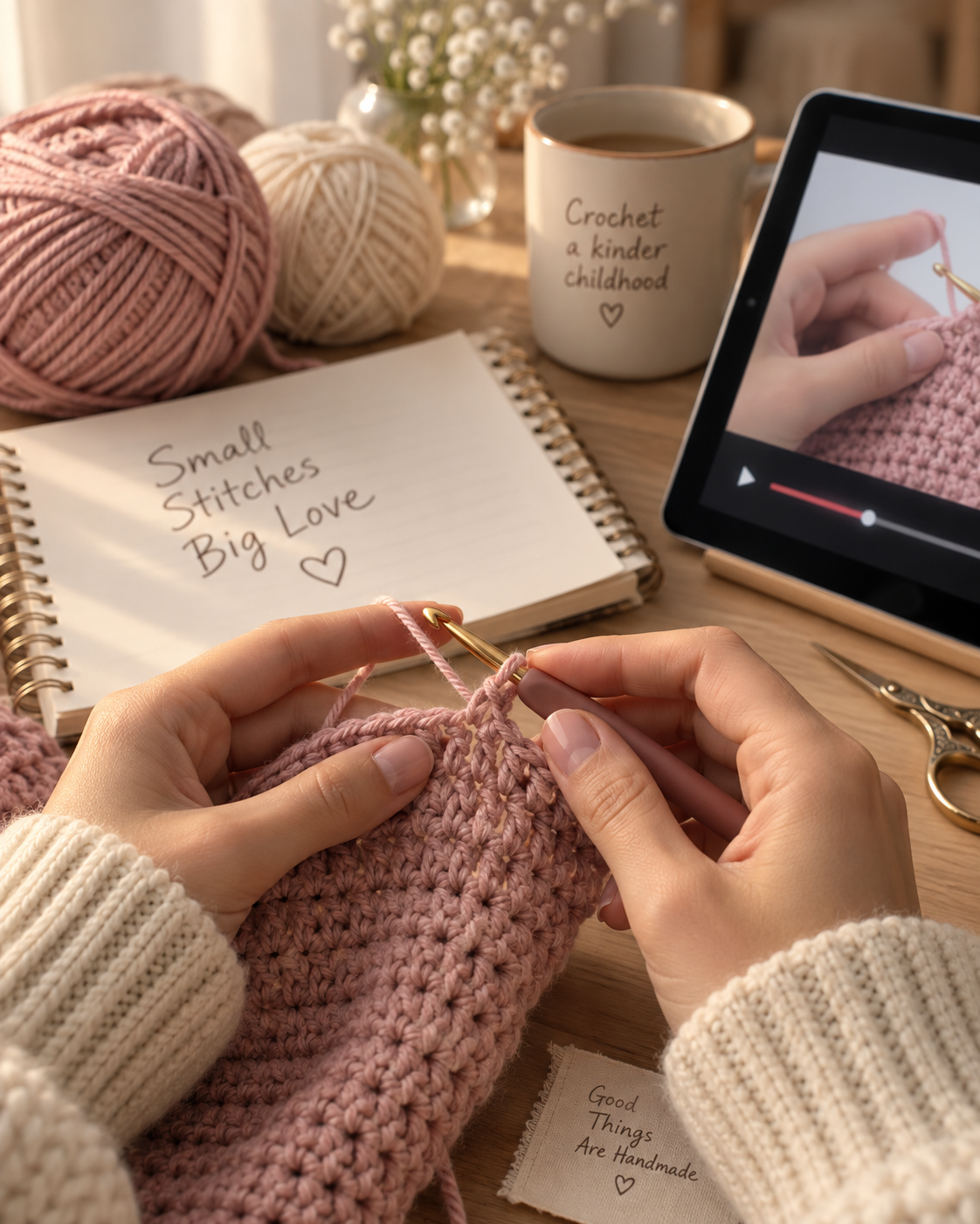 Close-up of hands crocheting a baby project