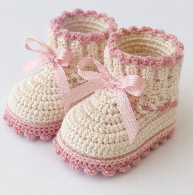 pink crochet baby booties with ribbon