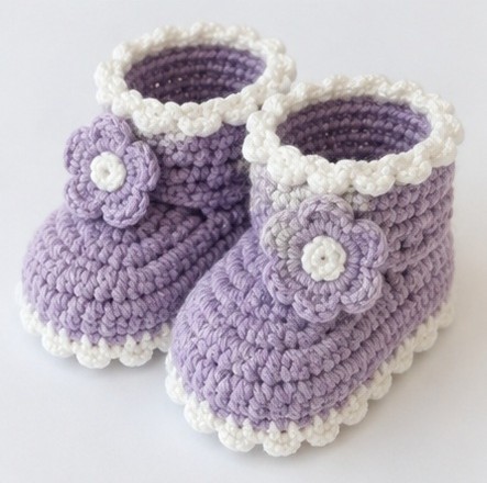 purple crochet baby booties with flower detail