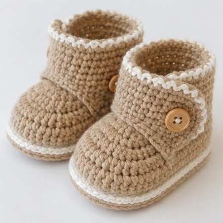 beige crochet baby booties with button detail